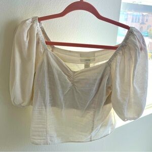 H&M White Puff Sleeve Linen Blend Blouse with inner lining bra XS extra small